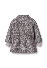 Gėlėta siuvinėta striukė tamsiu fonu su šviesiai rožiniais akcentais ir elastiniais rankogaliais. Su reguliuojamu juosmeniu ir logotipo detale.