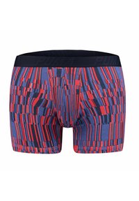 Boxer shorts in blue, red, and black abstract pattern. Features a black elastic waistband with "PUMA" logo. Made from stretchy fabric.