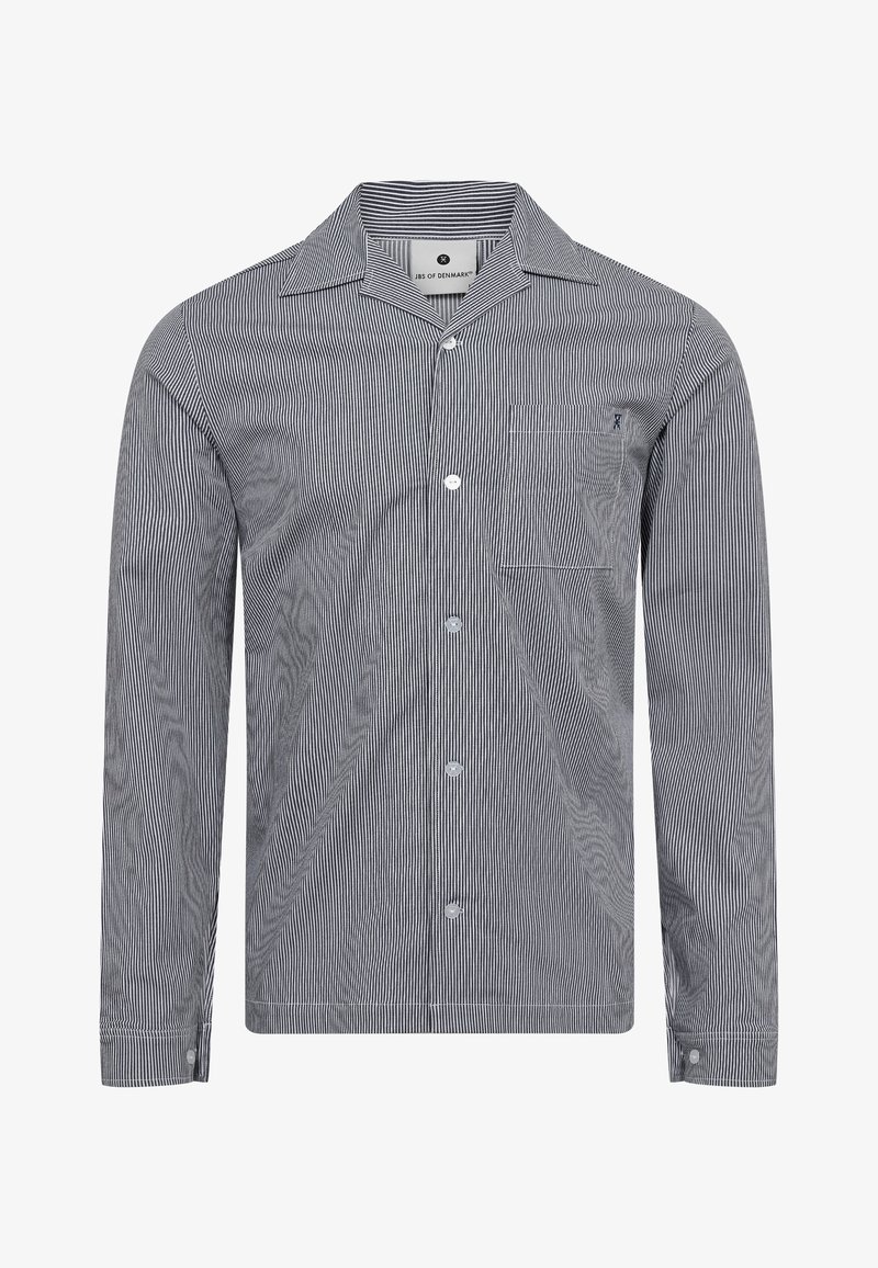 Herre button-up skjorte, stribet mønster i navy og hvid, lange ærmer, krave, enkelt brystlomme, standard pasform, bomuldsblanding.