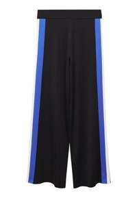 Czarne spodnie o szerokich nogawkach z wysokim stanem, z niebieskimi i białymi pionowymi paskami po bokach. Gładka faktura i minimalistyczny design.