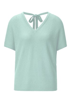 Svetlo modra kratka pletena majica s kratkimi rokavi, z V-izrezom in zavezovanjem na hrbtni strani izreza.