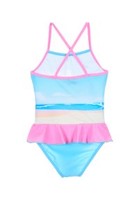 Maillot de bain bleu avec un imprimé de scène de plage, featuring a pink ruffled hem, des bretelles croisées et une texture de tissu lisse.