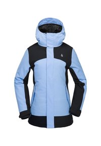 Lichtblauw en zwart skijack met een hoge kraag, capuchon en lange mouwen. Voorzien van een ritssluiting aan de voorkant en een paneelontwerp met contrasterende kleuren.