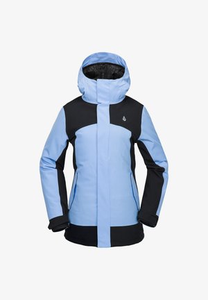 Light blue and black ski jacket with a high collar, hood, and long sleeves. Features a zipper front and panel design with contrasting colors.