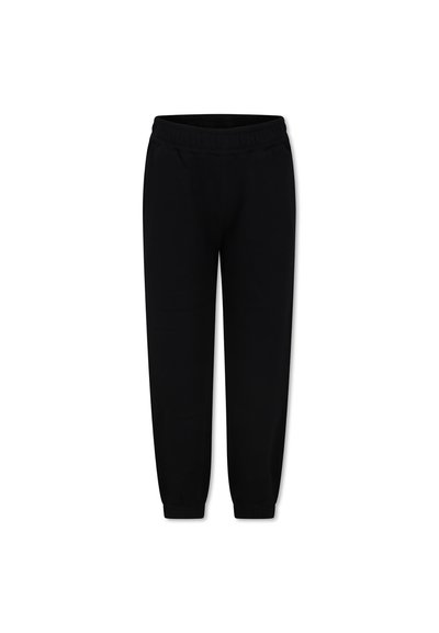 Pantaloni jogger neri con una comoda vita elasticizzata, gambe affusolate e un morbido tessuto in cotone misto. Nessun motivo o accento visibile.