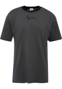 Gray cotton t-shirt with a crew neck and short sleeves. Features black embroidered text on the chest. Simple design and relaxed fit.
