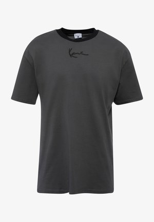 Gray cotton t-shirt with a crew neck and short sleeves. Features black embroidered text on the chest. Simple design and relaxed fit.