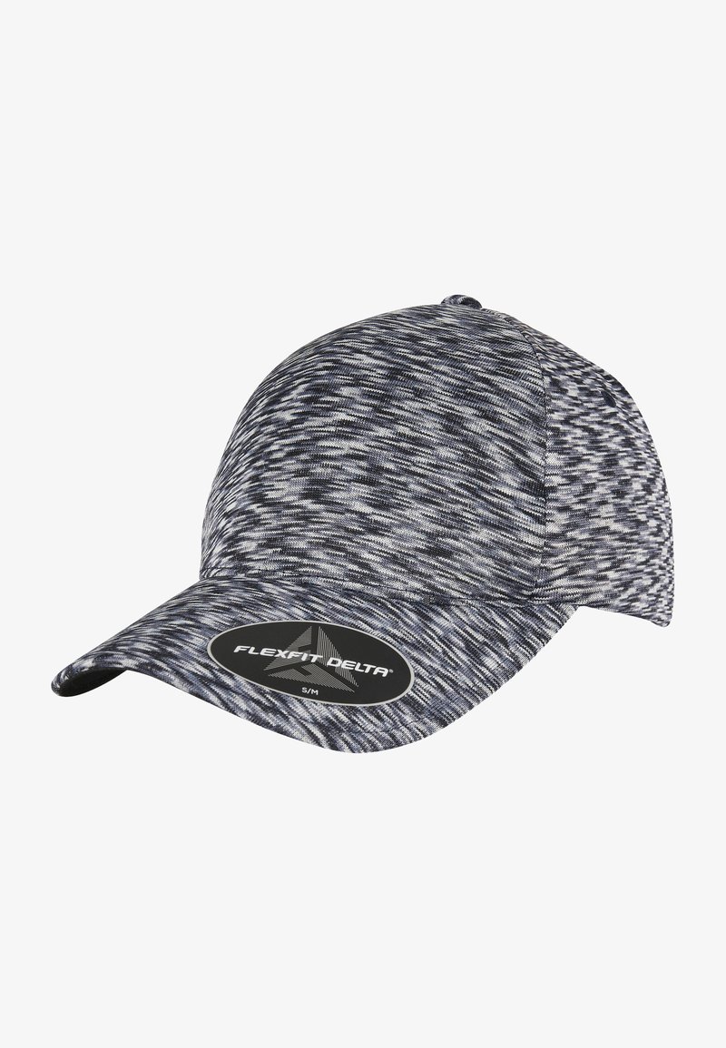 Baseball cap with a textured fabric featuring a grey and black pattern, curved brim, and a FLEXFIT DELTA label on the front.