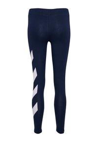 Leggings blu navy realizzati in tessuto elasticizzato, caratterizzati da un design geometrico bianco sul lato esterno, con una silhouette aderente e vita elasticizzata.