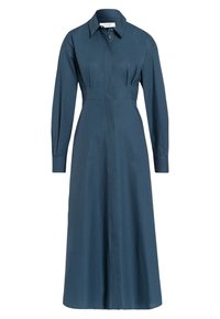 Abito con maniche lunghe e bottoni di colore blu scuro, realizzato in tessuto morbido, dotato di una vita aderente, pieghe e gonna midi.