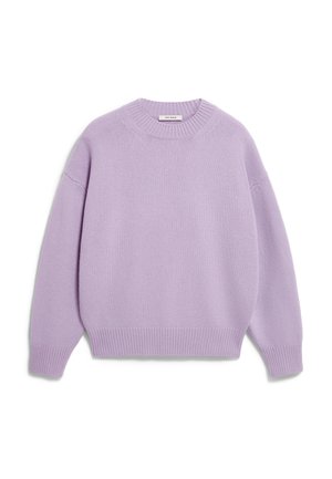 Maglione lavanda lavorato a maglia con scollatura rotonda, spalle scese e polsini e orlo a coste. Tessuto morbido, vestibilità oversize, dettagli minimi.