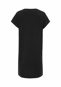 Svart kortärmad t-shirtklänning, gjord av mjuk bomull, har en enkel rund halsringning och en rak, knälång silhuett.