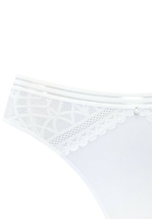 Perizoma bianco in pizzo con un design geometrico, tessuto morbido, bordi ondulati e un piccolo accento argentato in vita.