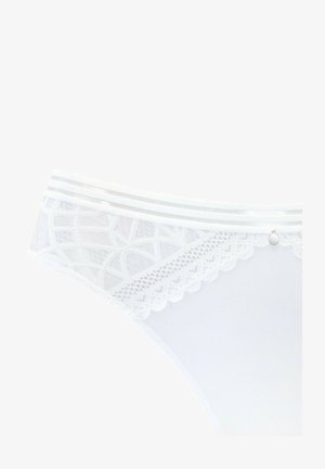 Perizoma bianco in pizzo con un design geometrico, tessuto morbido, bordi ondulati e un piccolo accento argentato in vita.