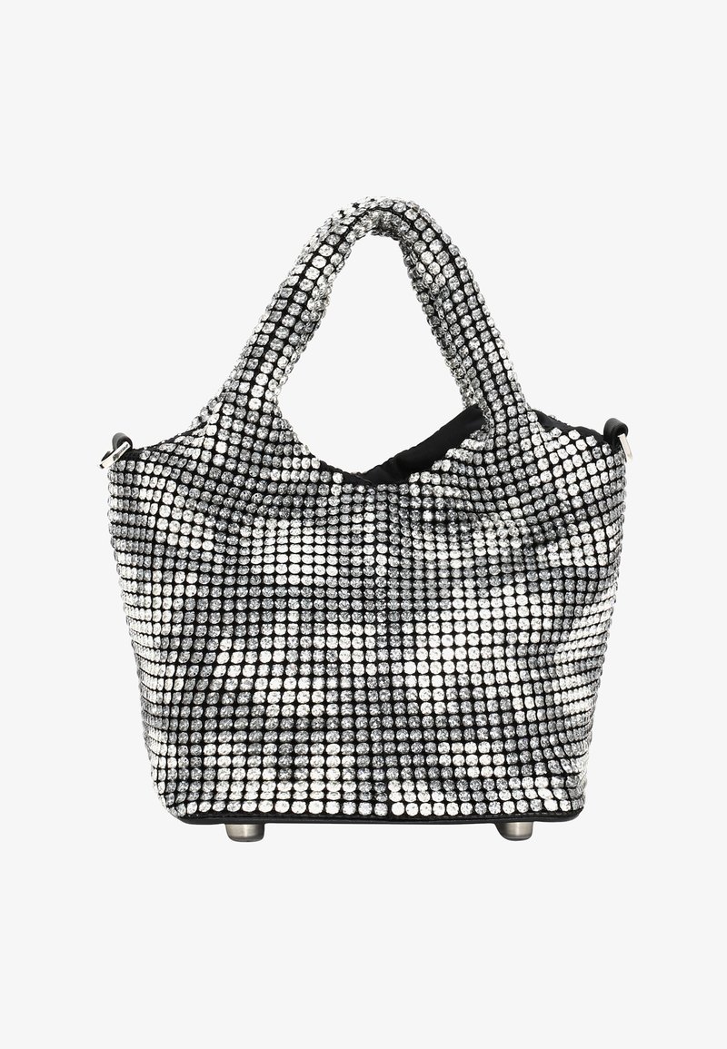 Sort håndtaske dækket med sølv rhinsten, har et rundt top håndtag og glat indvendig foring. Inkluderer metalben på bunden.