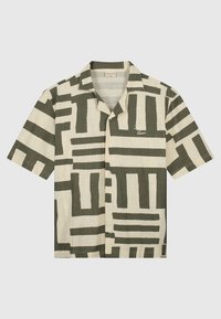 Korte mouwen, gekleed overhemd in beige met een donkergroen abstract patroon. Voorzien van een knoopsluiting aan de voorkant en een textuur van lichtgewicht stof.
