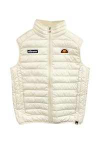 Padded sleeveless vest w kolorze kremowym, z wysokim kołnierzem, zamkiem błyskawicznym z przodu, logo na lewej piersi oraz kolorowymi akcentami w pobliżu ramienia.
