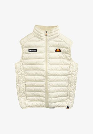 Kapuzenloser gepolsterter Weste in Creme, mit hohem Kragen, Frontreißverschluss, Logo auf der linken Brust und buntem Akzent in der Nähe der Schulter.