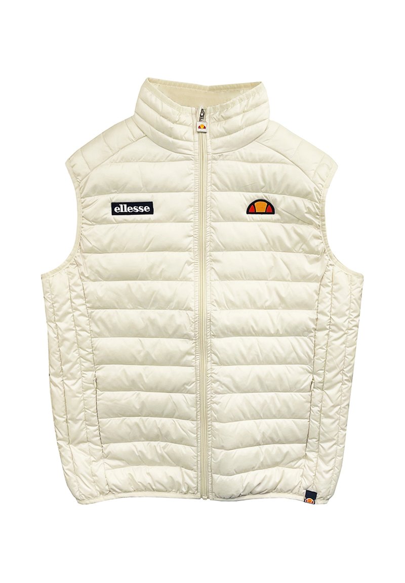 Padded sleeveless vest w kolorze kremowym, z wysokim kołnierzem, zamkiem błyskawicznym z przodu, logo na lewej piersi oraz kolorowymi akcentami w pobliżu ramienia.