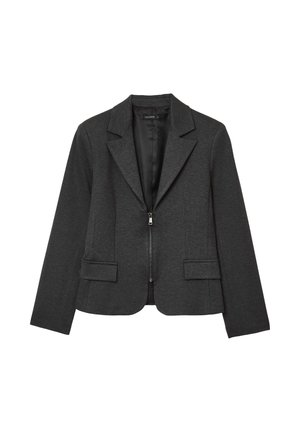 Blazer gris foncé en tissu lisse, avec des revers crantés, fermeture éclair sur le devant et deux poches latérales. Coupe cintrée avec une forme structurée.