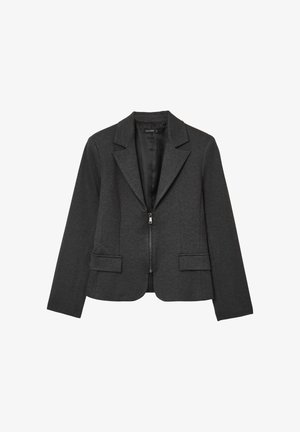 Blazer grigio scuro con una texture di tessuto liscia, revers a punta, chiusura frontale con zip e due tasche laterali. Vestibilità sartoriale con forma strutturata.
