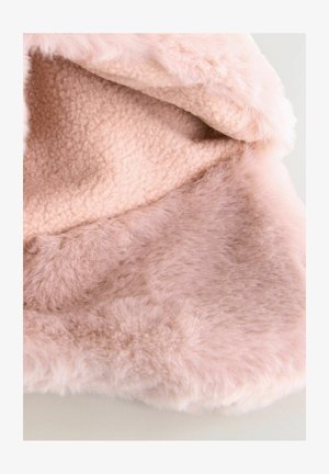 Minkštas, švelnus rožinės spalvos dirbtinis kailis su tankia, pūkuota tekstūra. Lygi vidinė pamušalas puikiai derinasi su jaukia išore. Matomo fiksavimo detalių nėra.