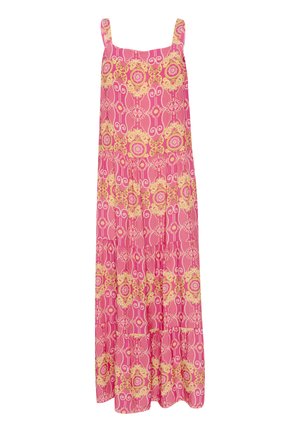 Pink maxi dress with square straps, featuring a detailed yellow floral and geometric pattern, and a tiered skirt design. Lightweight fabric.