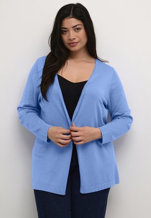 Cardigan bleu clair en maille douce, à l'avant ouvert, avec des manches longues et une texture côtelée, porté sur un haut noir.