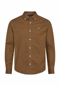 Brown long-sleeve button-up shirt made of fabric with a smooth texture. Features a classic collar and a small embroidered logo on the chest.