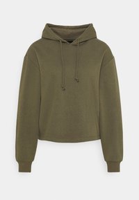 Sudadera corta de color verde oliva con capucha ajustable, mangas largas y puños acanalados. Fabricada con un tejido suave y cómodo de textura lisa.