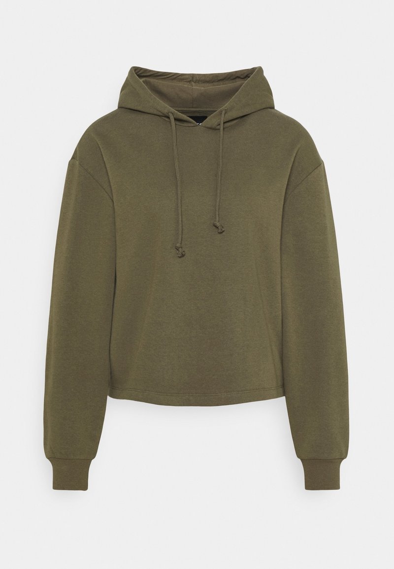Sudadera corta de color verde oliva con capucha ajustable, mangas largas y puños acanalados. Fabricada con un tejido suave y cómodo de textura lisa.