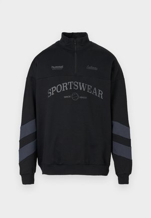 Black quarter-zip pullover sweatshirt with "SPORTSWEAR" text and logo, grey stripes on sleeves, ribbed cuffs, and high collar.