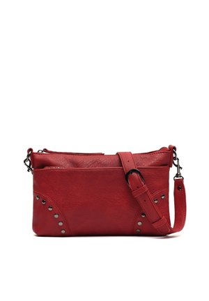 Red leather crossbody bag with adjustable strap, decorative metal studs on corners, and top zipper closure.