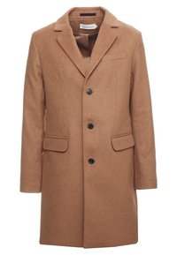 Cappotto in lana marrone con design sartoriale, revers a incavo, due tasche frontali e tre bottoni neri sul davanti. Tessuto liscio.
