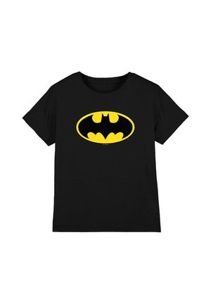 Black short-sleeve T-shirt with a large yellow and black Batman logo centered on the front.