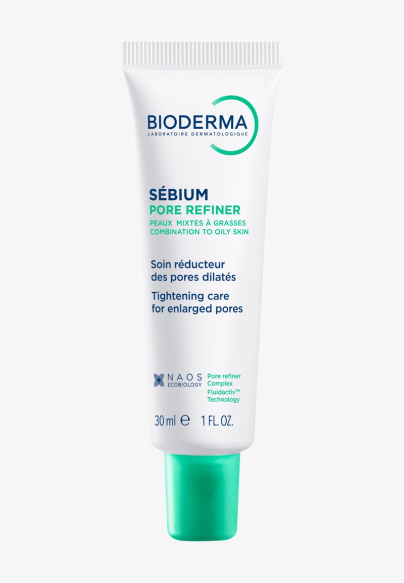 Tube de crème Bioderma Sébium Pore Refiner avec bouchon vert pour le soin resserrant des pores dilatés, 30 ml, pour peaux mixtes à grasses.