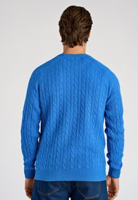 Niebieski sweter dzianinowy z wzorem warkoczowym, okrągłym dekoltem oraz ściągaczami na mankietach i u dołu. Noszony na ciemnych dżinsach.