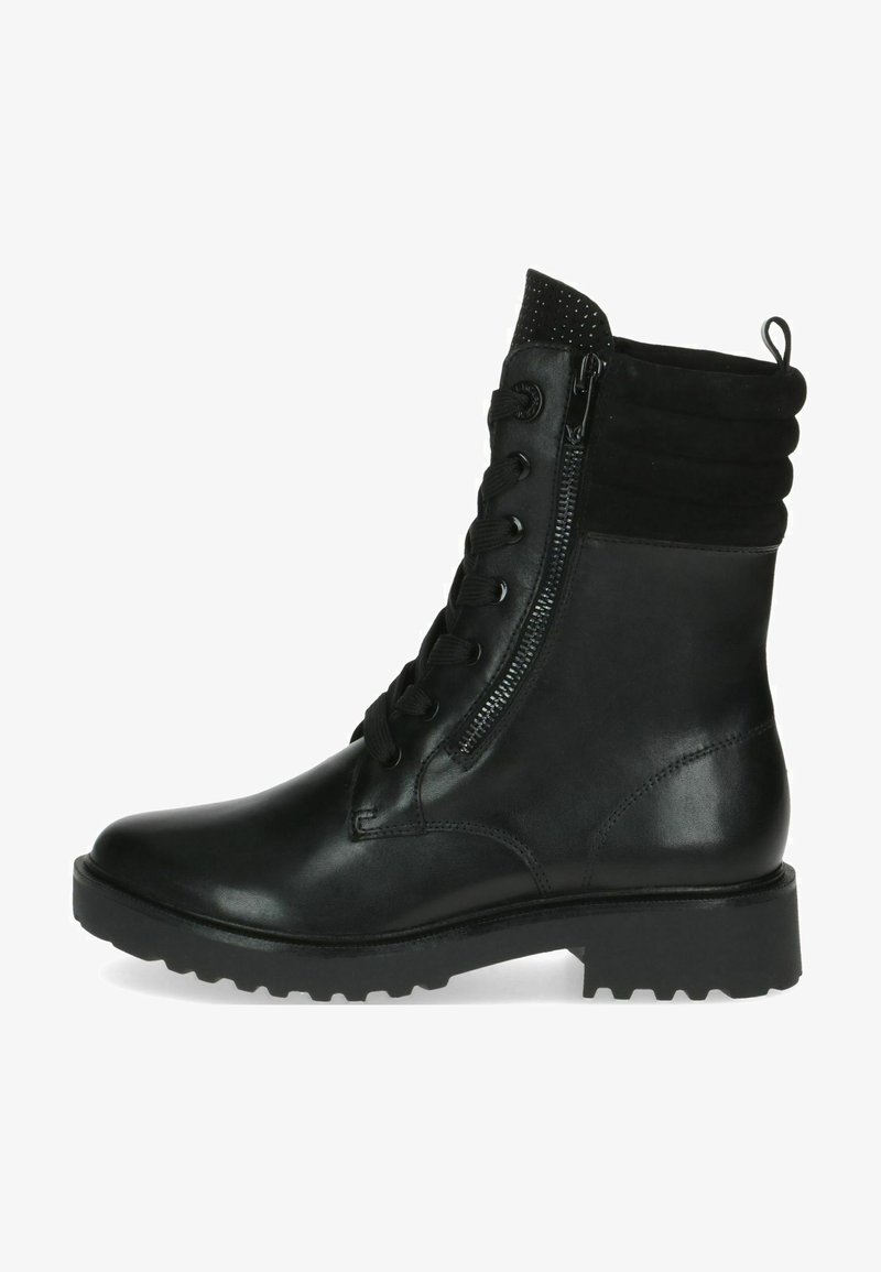 Black leather ankle boot with a round toe, front laces, side zipper, padded collar, and textured accents at the top. Grooved rubber sole.