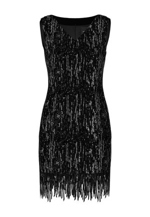 Schwarzes ärmelloses Kleid mit V-Ausschnitt, verziert mit Pailletten und Fransen am Saum für eine strukturierte, schimmernde Optik.