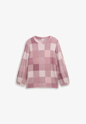 Maglione a maniche lunghe con scollo rotondo, motivo a quadri grandi in rosa e malva, e polsini elasticizzati su sfondo bianco.