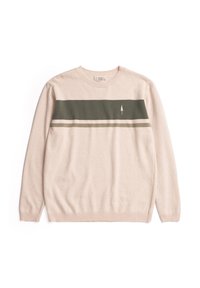 Suéter beige con cuello redondo, que presenta dos franjas horizontales verdes y un pequeño emblema de árbol. Textura suave, puños y dobladillo acanalados.