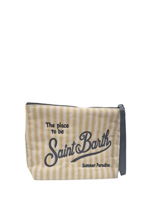 Bustina con zip a righe beige e bianche con testo nero che recita "The place to be Saint Barth Summer Paradise."