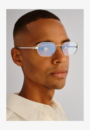 Tânăr cu păr scurt, purtând ochelari dreptunghiulari cu ramă argintie și lentile albastre, îmbrăcat într-o cămașă crem, privind ușor într-o parte.