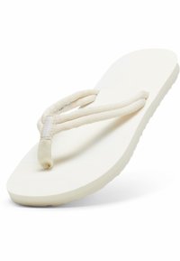 Infradito bianchi con suola testurizzata, design piatto e cinturini in tessuto intrecciato, che evidenziano uno stile minimalista e una costruzione semplice.