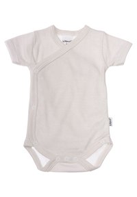 Short-sleeved baby bodysuit in soft, light gray cotton with subtle horizontal stripes. Features snap closures along the side and bottom.