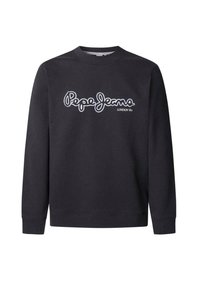 Sudadera negra con cuello redondo, mangas largas y puños acanalados; presenta el logo blanco de "Pepe Jeans" y el texto "LONDON W11" en colores contrastantes.