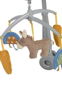 Soft plush mobile featuring a brown donkey and colorful fabric shapes in blue and orange, suspended from a gray plastic frame.