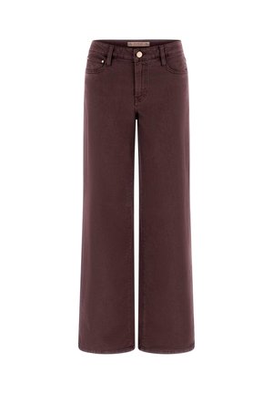 Weite Jeans in einem tiefen Burgunderrot, gefertigt aus weichem Denim. Verfügt über einen Knopfverschluss und ein Fünf-Taschen-Design mit minimaler Nahtführung.