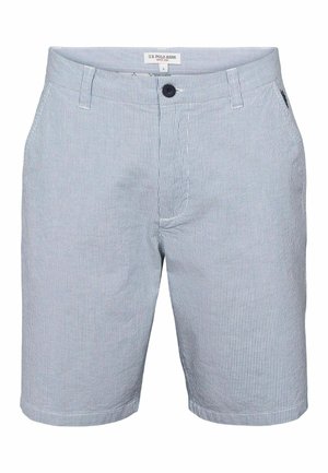 Kék és fehér csíkos nadrág, könnyű anyagból készült, gombos záródással, övhurkokkal és oldalsó zsebekkel.