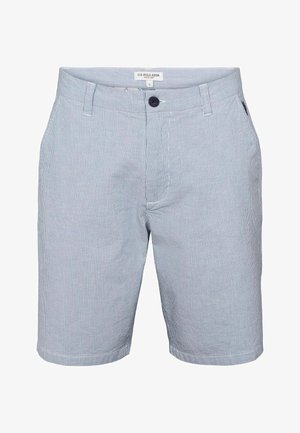 Siniset ja valkoiset raidalliset shortsit, jotka on valmistettu kevyestä kankaasta. Niissä on napituksen suljenta, vyölenkit ja sivutaskut.